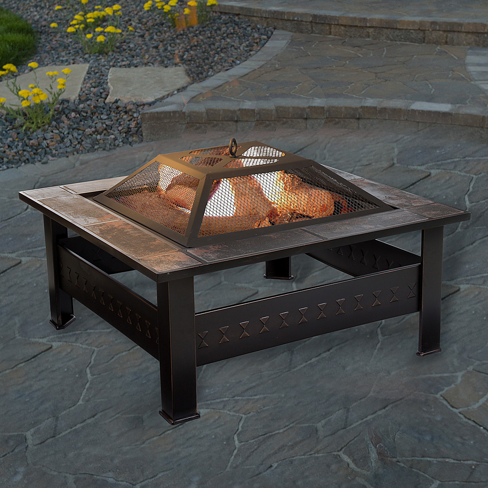 Pure Garden Fire Pit Set Wood Burning Pit With Spark Screen Cover And Log Poker 32 Marble Tile Square Firepit Bronze Orange Marbled M150074 Best Buy