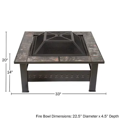 Pure Garden Fire Pit Set, Steel Frame, Square Marble Tile