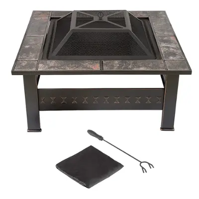 Pure Garden Fire Pit Set, Steel Frame, Square Marble Tile