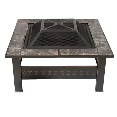 Pure Garden Fire Pit Set, Steel Frame, Square Marble Tile