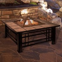 Pure Garden - Fire Pit Set, Wood Burning Pit Includes Spark Screen and Log Poker Great for Outdoor and Patio, 32” Square Tile Firepit - Black and Orange Marbled - Front_Zoom
