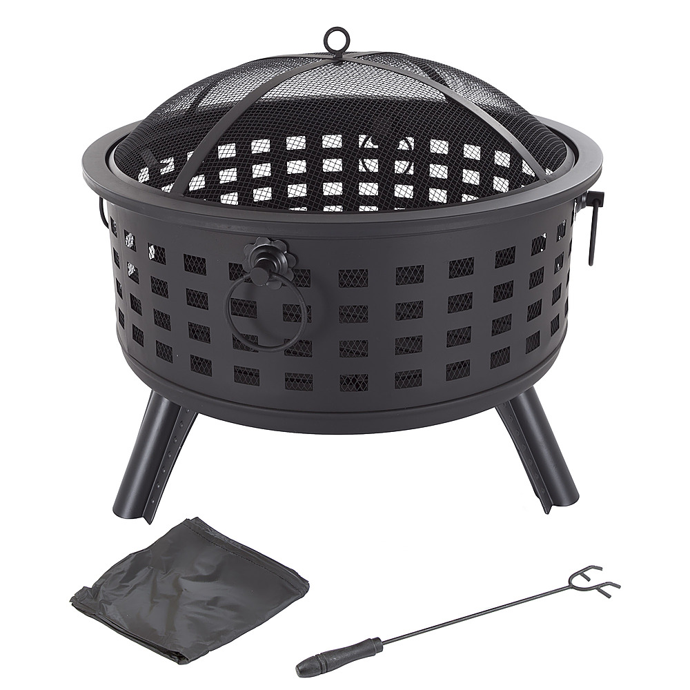Pure Garden - Fire Pit Set, Wood Burning Pit - Includes Spark Screen and Log Poker, 26” Round Metal Firepit - Black