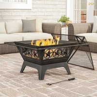Pure Garden - 32” Outdoor Deep Fire Pit- Square Large Steel Bowl with Star Design, Mesh Spark Screen, Log Poker & Storage Cover - Black - Front_Zoom