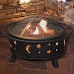 Pure Garden - 32" Round Outdoor Fire Pit with Steel Bowl, Star Cutouts Spark Screen, Log Poker, Storage Cover for Patio Wood Burning - Black