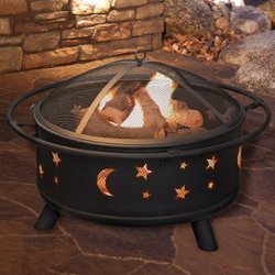 Pure Garden - 32" Round Outdoor Fire Pit with Steel Bowl, Star Cutouts Spark Screen, Log Poker, Storage Cover for Patio Wood Burning - Black - Front_Zoom