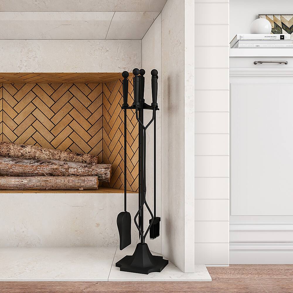 Front. Pure Garden - 5 Piece Fireplace Tool Set- Heavy Duty Essential Tools for Fireplaces, Fire Pits by Lavish Home - Black.