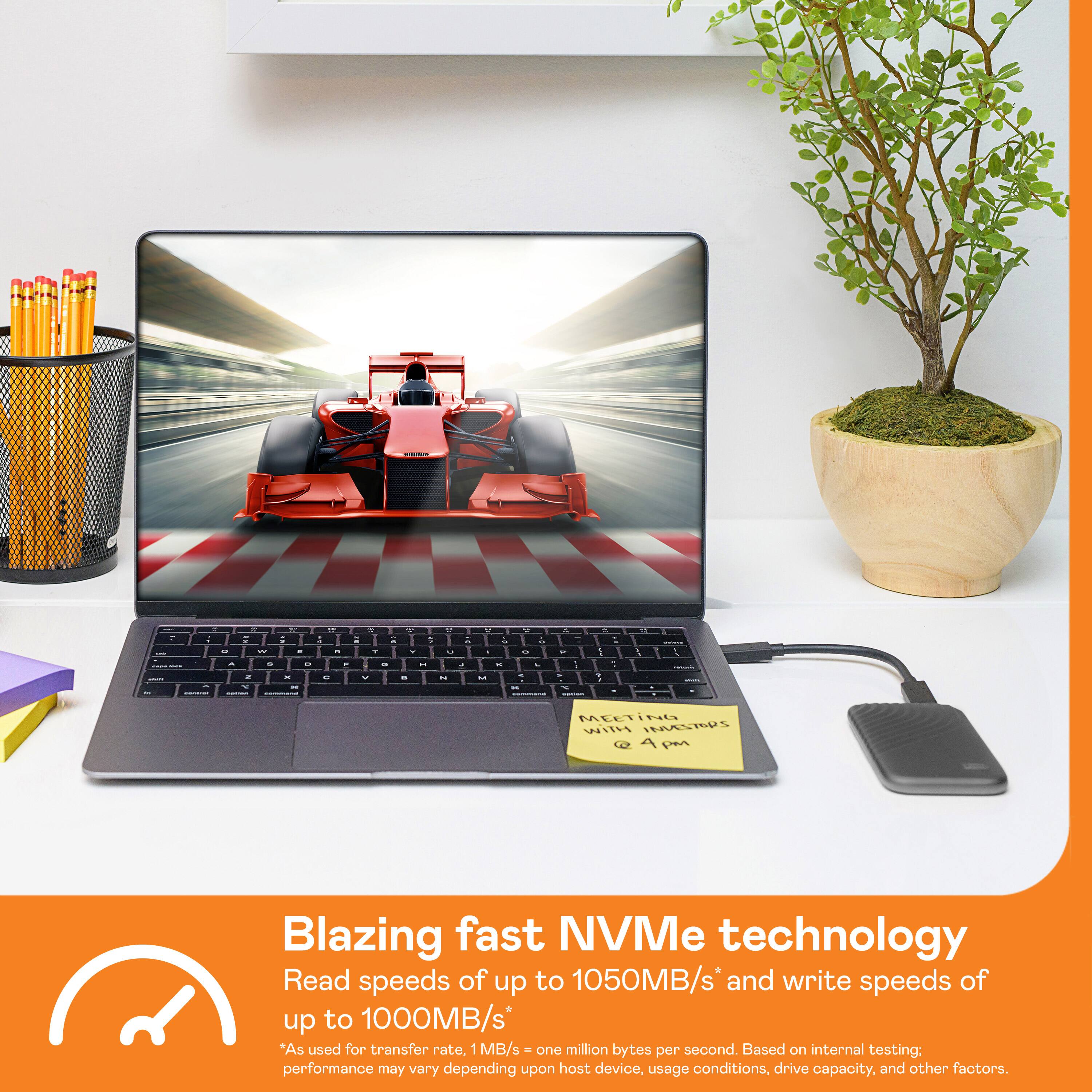 Blazing fast NVMe technology Read speeds of up to 1050MB/s and write speeds of up to 1000MB/s. As used for transfer rate, 1 MB/s is one million bytes per second. Performance may vary depending upon host device, usage conditions, drive capacity, and other factors.