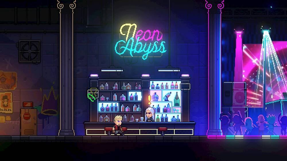 The largest text in the image reads "Neon Abyss."
