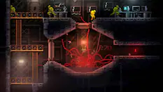 The image shows a dark and bloody scene of a video game, with a character standing in a room filled with blood and gore. The character appears to be in the middle of a battle, surrounded by a group of enemies. There are multiple enemies in the room, some of which are positioned close to the character, while others are farther away. The room also contains a TV and a computer, adding to the overall atmosphere of the game.