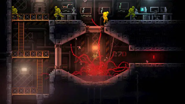 The image shows a dark and bloody scene of a video game, with a character standing in a room filled with blood and gore. The character appears to be in the middle of a battle, surrounded by a group of enemies. There are multiple enemies in the room, some of which are positioned close to the character, while others are farther away. The room also contains a TV and a computer, adding to the overall atmosphere of the game. - M (Mature 17+)