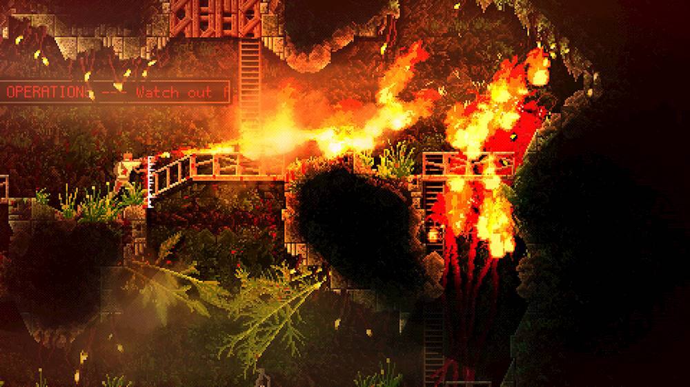 The image features a scene with a large fire, possibly in a forest or a jungle. There are several trees in the background, and the fire appears to be spreading rapidly. The text "OPERATION Watch out EFs" is displayed in the top left corner of the image, suggesting that this might be a warning or a reminder to be cautious around the fire. The image also includes a person standing near the fire, possibly observing the situation or trying to control it.