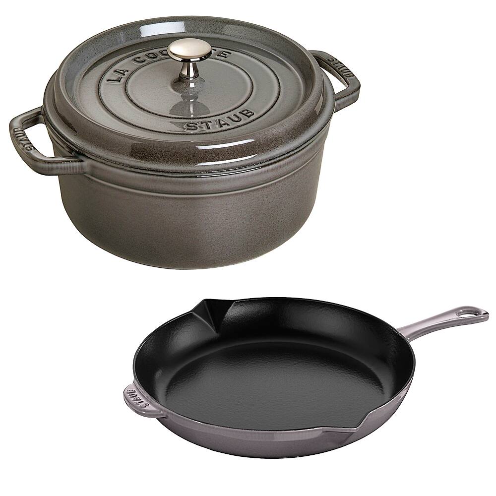 Angle View: Staub - Cast Iron 3-pc Cocotte and Fry Pan Set - Majolique Graphite Grey