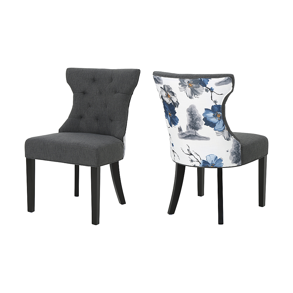 Noble House - Mercer Two Toned Fabric & Birch Dining Chairs (Set of 2) - Dark Gray/Floral Print
