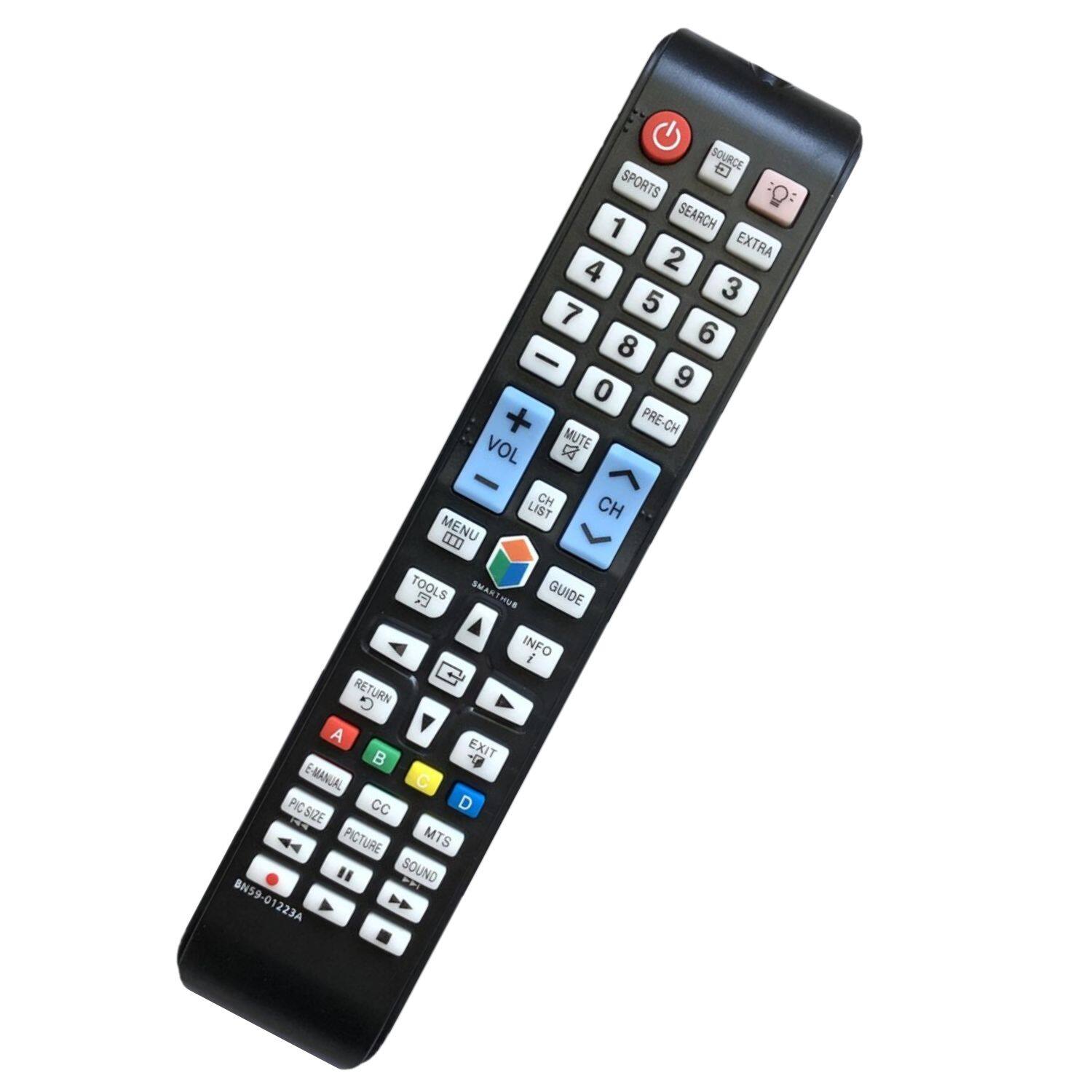 Sure, here is the corrected and grouped text from the image:

**Top Section:**
- SOURCE
- SPORTS
- SEARCH
- EXTRA

**Number Pad:**
- 1
- 2
- 3
- 4
- 5
- 6
- 7
- 8
- 9
- 0

**Volume and Channel Controls:**
- VOL -
- VOL +
- PRE-CH
- MUTE
- CH

**Menu and Guide:**
- MENU
- LIST
- GUIDE
- TOOLS
- SMART HUB
- INFO

**Navigation and Playback:**
- RETURN
- EXIT
- A
- B
- C
- D
- E-MANUAL
- PIC-SIZE
- CC
- PICTURE
- MTS
- SOUND

**Bottom Section:**
- BN59-01223A