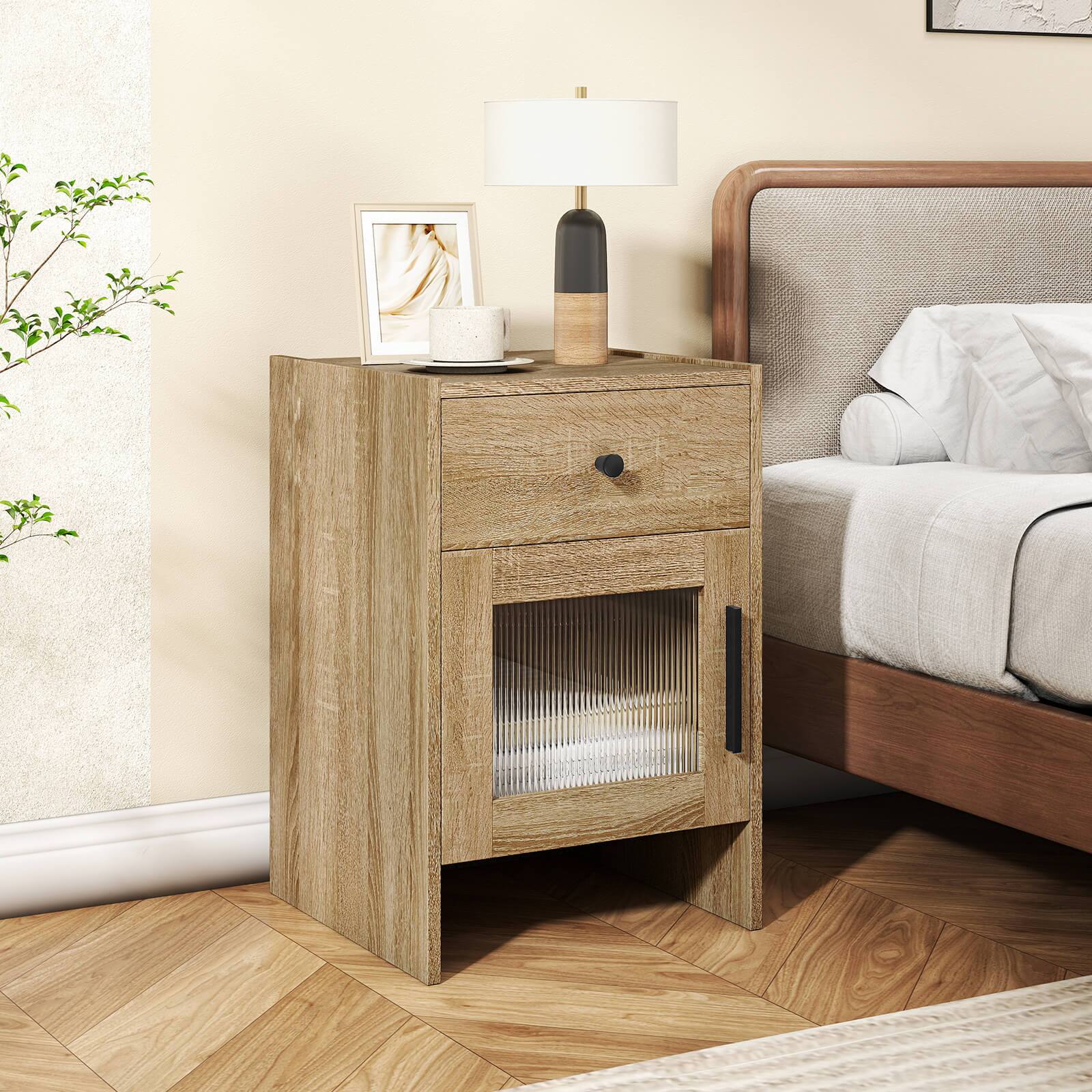 Alt View 1. Costway - Costway 1 PCS Farmhouse Nightstand Fluted Bed Side Table with Large Drawer & Enclosed Cabinet - Natural.