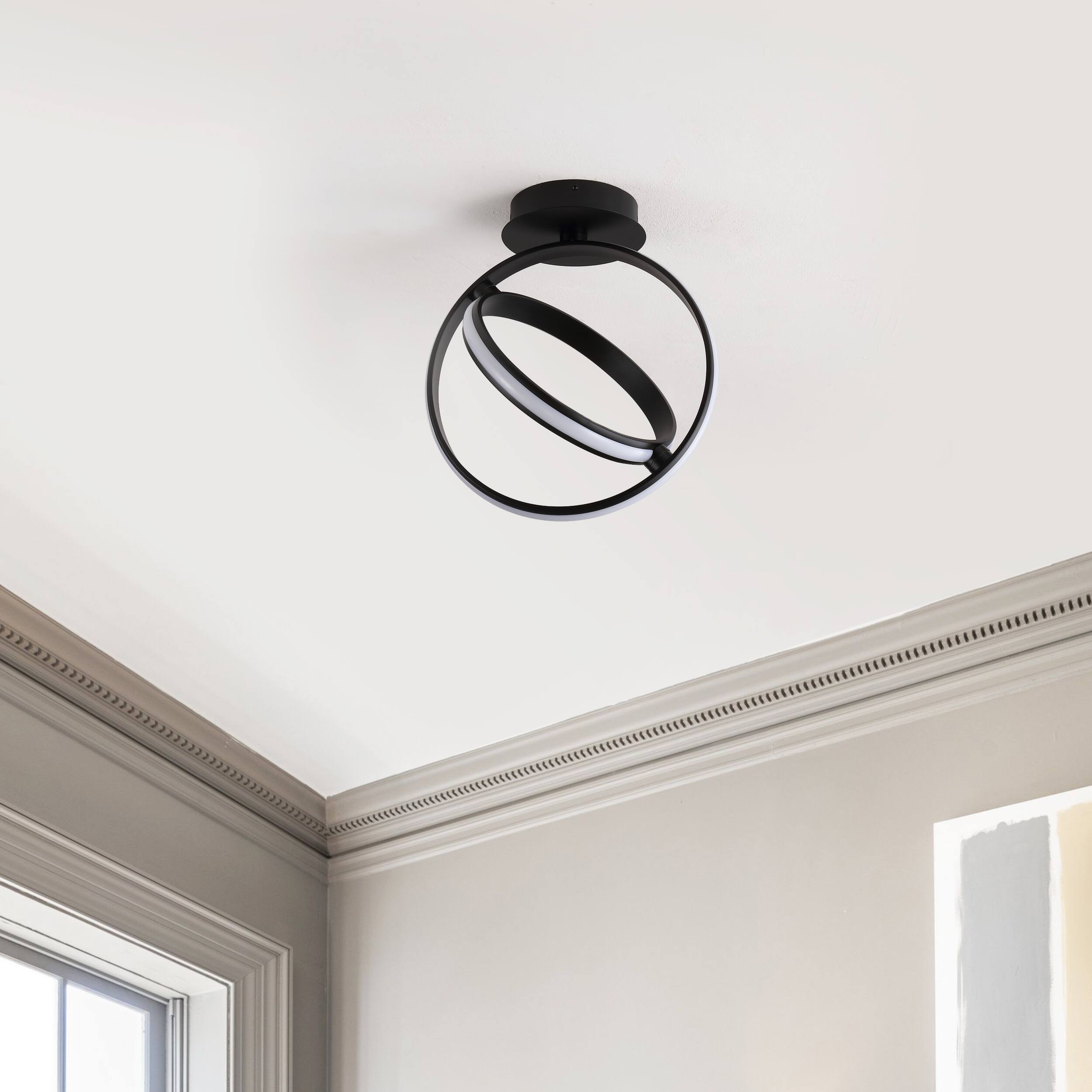 Alt View 5. Jonathan Y - Nicole 14.25" 2-Light Modern Minimalist Aluminum Ring Integrated LED Semi Flush Mount, Black - Black.