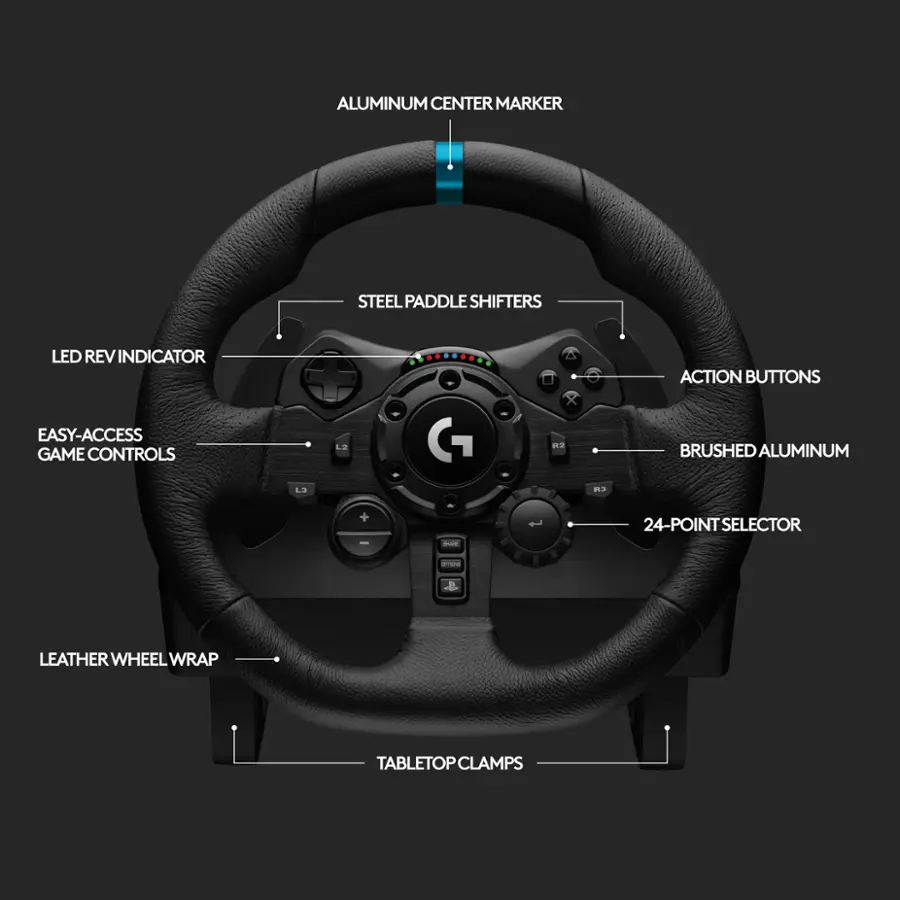 The image shows a close-up of a steering wheel with various labels and descriptions. The labels include "Aluminum Center Marker," "Steel Paddle Shifters," "LED Rev Indicator," "Action Buttons," "Easy-Access Game Controls," "Brushed Aluminum - 24-Point Selector," "Leather Wheel Wrap," and "Tabletop Clamps." These labels provide information about the different features and materials used in the steering wheel.