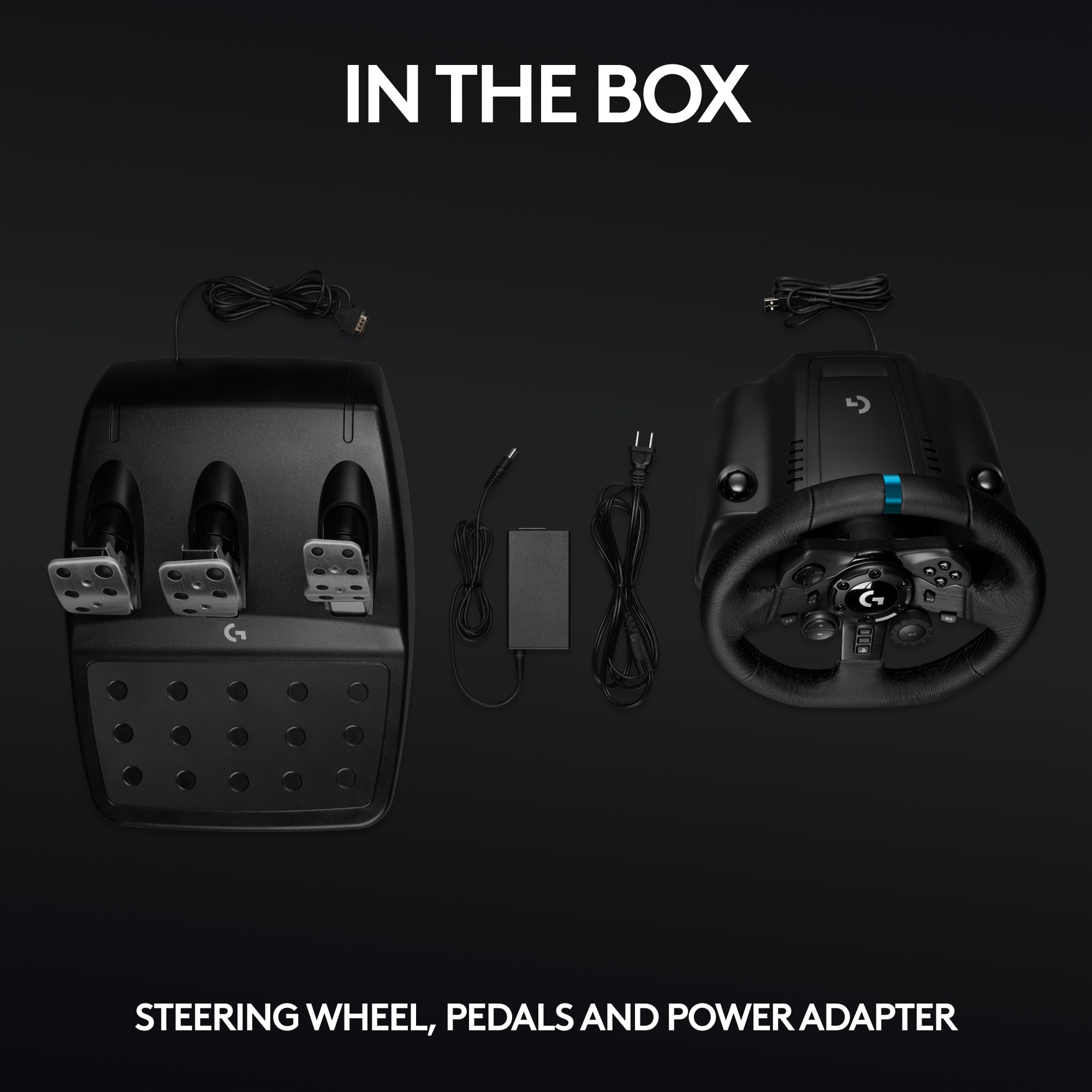 In the box, you will find a steering wheel, pedals, and a power adapter.