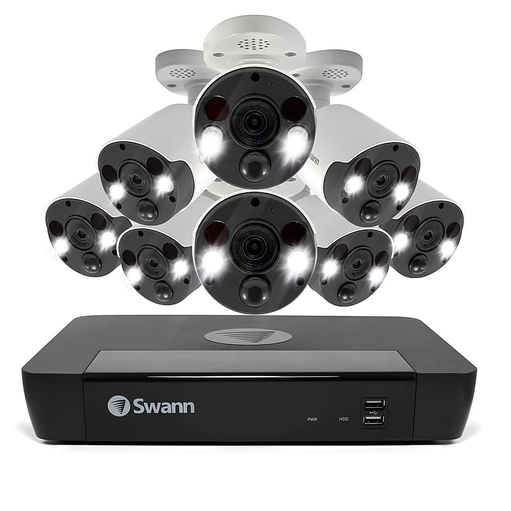 Front. Swann - 8 Channel 2TB NVR, 8 x 4K PoE Cameras, w/Dual LED Spotlights, Color Night Vision & Free Face Detection - White.