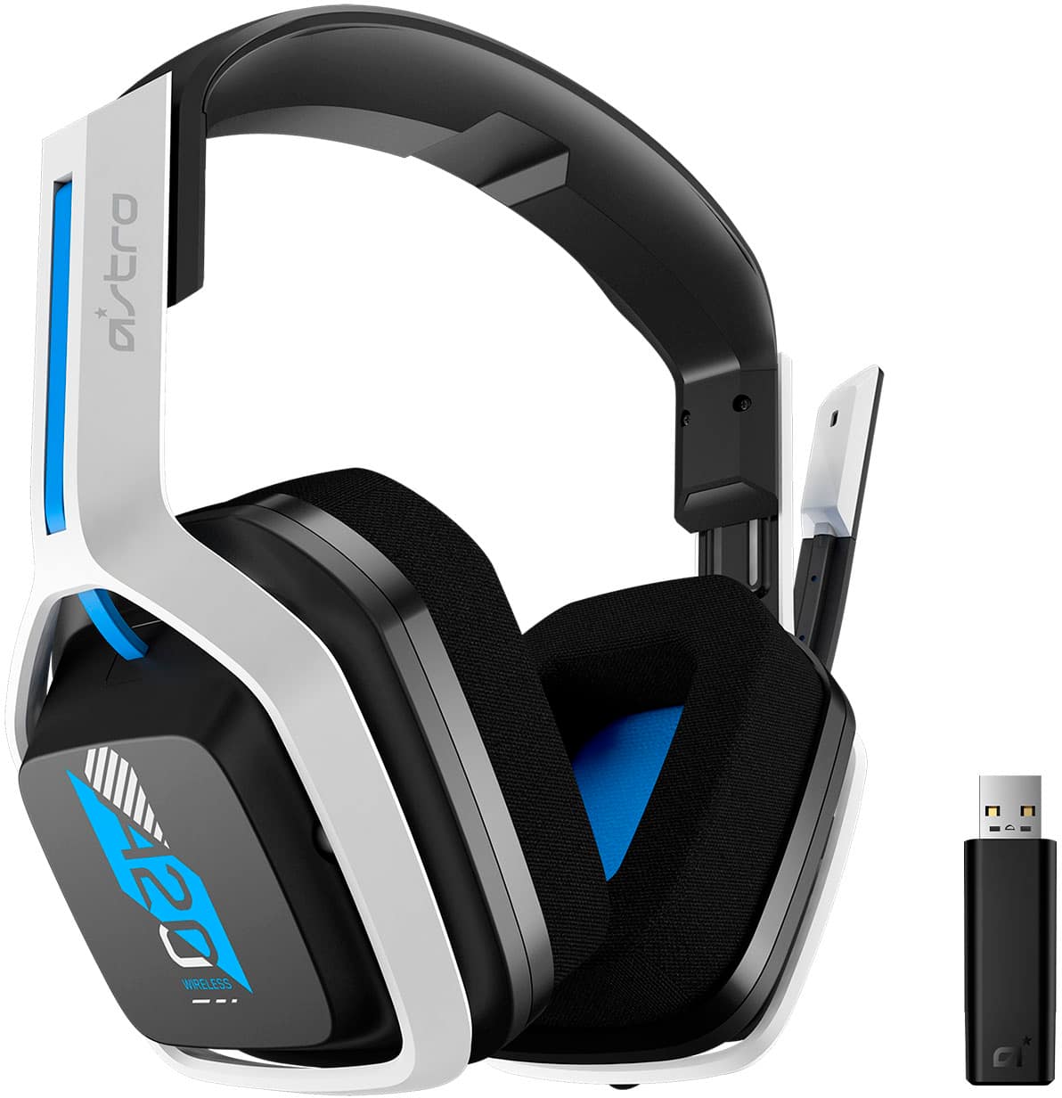 The image features a pair of Astro 20 Wireless headphones, which are black and white in color. The headphones are connected to a USB device, which is also visible in the image. The headphones are designed for gaming and provide a comfortable fit for the user.