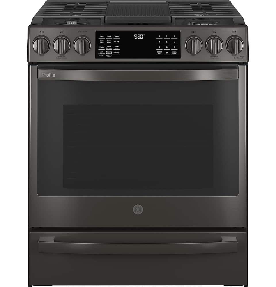 GE Profile - 5.6 Cu. Ft. Slide-In Gas True Convection Range with Built-In Wi-Fi and Hot Air Frying - Black Stainless Steel - Front_Zoom