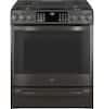 Front. GE Profile - 5.6 Cu. Ft. Slide-In Gas True Convection Range with Built-In WiFi and Hot Air Frying - Black Stainless Steel.