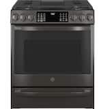 GE Profile - 30 in. Wide 5 Burners 5.6 Cu. Ft. Slide-In Gas True Convection Range with Built-In Wi-Fi and Hot Air Frying - Black Stainless Steel