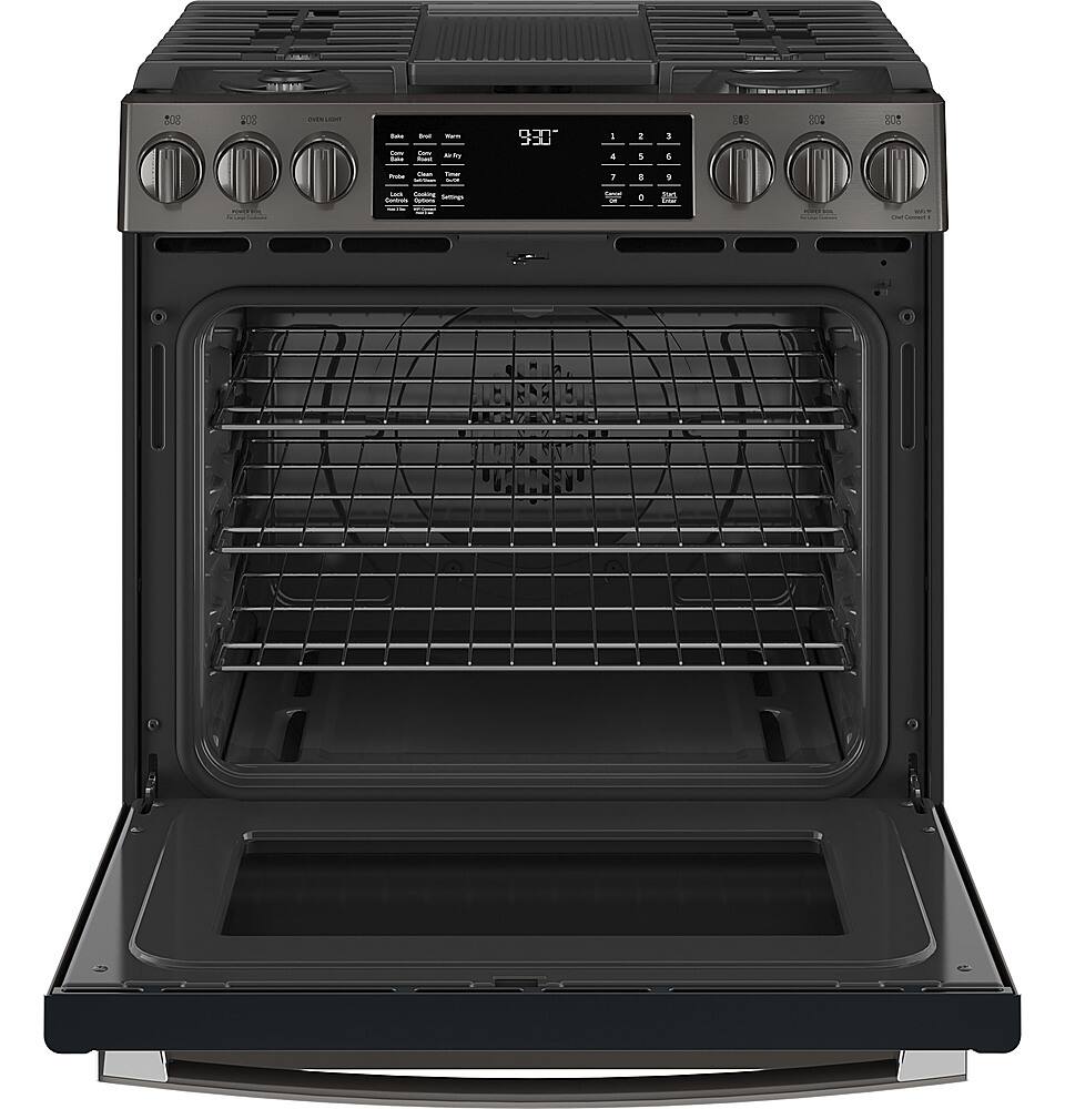 Alt View 11. GE Profile - 5.6 Cu. Ft. Slide-In Gas True Convection Range with Built-In WiFi and Hot Air Frying - Black Stainless Steel.