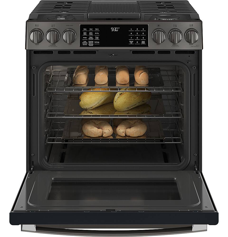 Alt View 12. GE Profile - 5.6 Cu. Ft. Slide-In Gas True Convection Range with Built-In WiFi and Hot Air Frying - Black Stainless Steel.