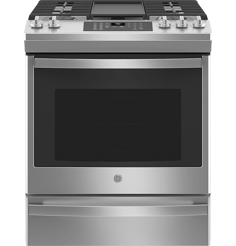GE - 5.6 Cu. Ft. Slide-In Gas Convection Range with Self-Clean and Hot Air Frying - Stainless Steel