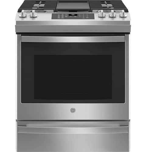 GE - 5.6 Cu. Ft. Slide-In Gas Convection Range with Self-Clean and Hot Air Frying - Stainless Steel