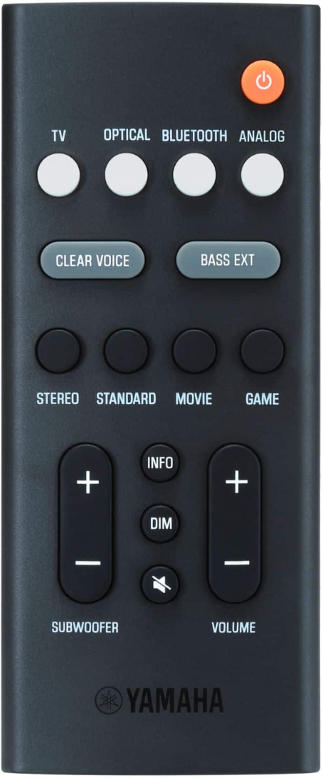 The text on the image can be grouped and corrected as follows:
TV OPTICAL BLUETOOTH ANALOG CLEAR VOICE BASS EXT STEREO STANDARD MOVIE GAME + INFO + DIM + SUBWOOFER VOLUME YAMAHA
