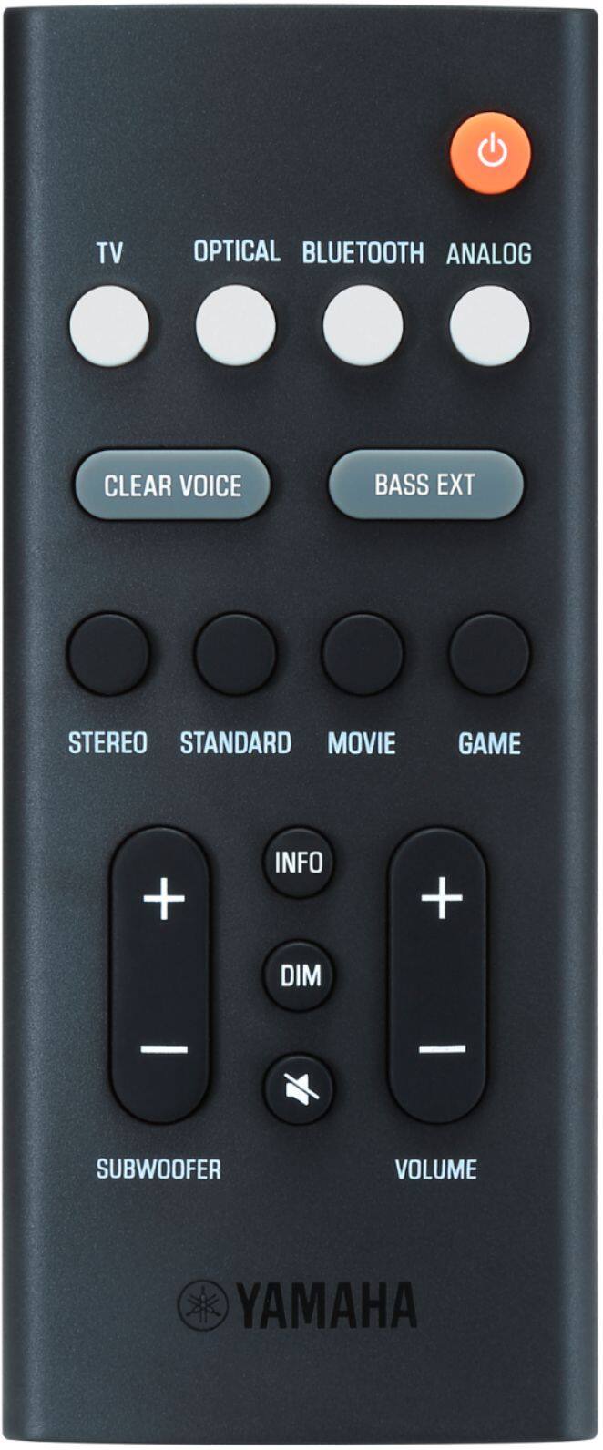 The text on the image can be grouped and corrected as follows:

TV OPTICAL BLUETOOTH ANALOG CLEAR VOICE BASS EXT STEREO STANDARD MOVIE GAME + INFO + DIM + SUBWOOFER VOLUME YAMAHA