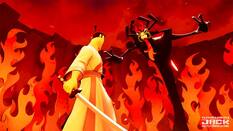 In the image, a samurai is standing in front of a fire demon, both holding their respective swords. The samurai is wearing a white robe, while the fire demon appears to be a monster. The scene is set in a fiery environment, with flames surrounding the two characters. The samurai is holding a sword in his hand, ready to face the challenge presented by the fire demon. This image captures the intensity and action of the characters as they engage in a battle through time.