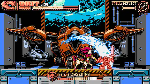 The largest text reads "Spell: Deflect the Horseman." The image shows a person using a spell to deflect the Horseman, who is riding a large robot. The scene appears to be a video game or a comic book illustration. - E10+ (Everyone 10+)