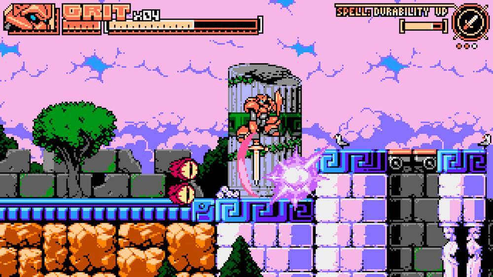 The image features a video game with a character standing on a platform, surrounded by a purple sky. The game is set in a fantasy world with a mix of elements such as a clock, a tree, and a dragon. The character is holding a sword, and there are other characters in the scene as well. The game appears to be a platformer or an action-adventure game, with a focus on exploration and combat.
