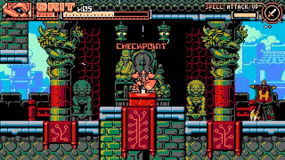 The image features a video game with a character standing in front of a checkpoint. The game is set in a dark environment with a variety of monsters and other characters. The game is likely a role-playing game, as the character is holding a sword and appears to be fighting. The game also features a spell attack, which might be used to defeat the monsters and progress through the game.