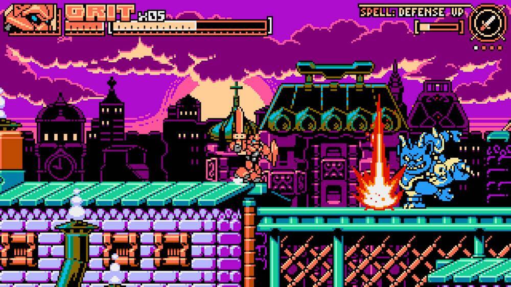 The image shows a video game scene with a character standing on a bridge, surrounded by a cityscape. The character is holding a spell that says "Spell: Defense Up." The scene appears to be a part of a video game, possibly a role-playing game or an action game. The character is likely using the spell to enhance their defense capabilities in the game.