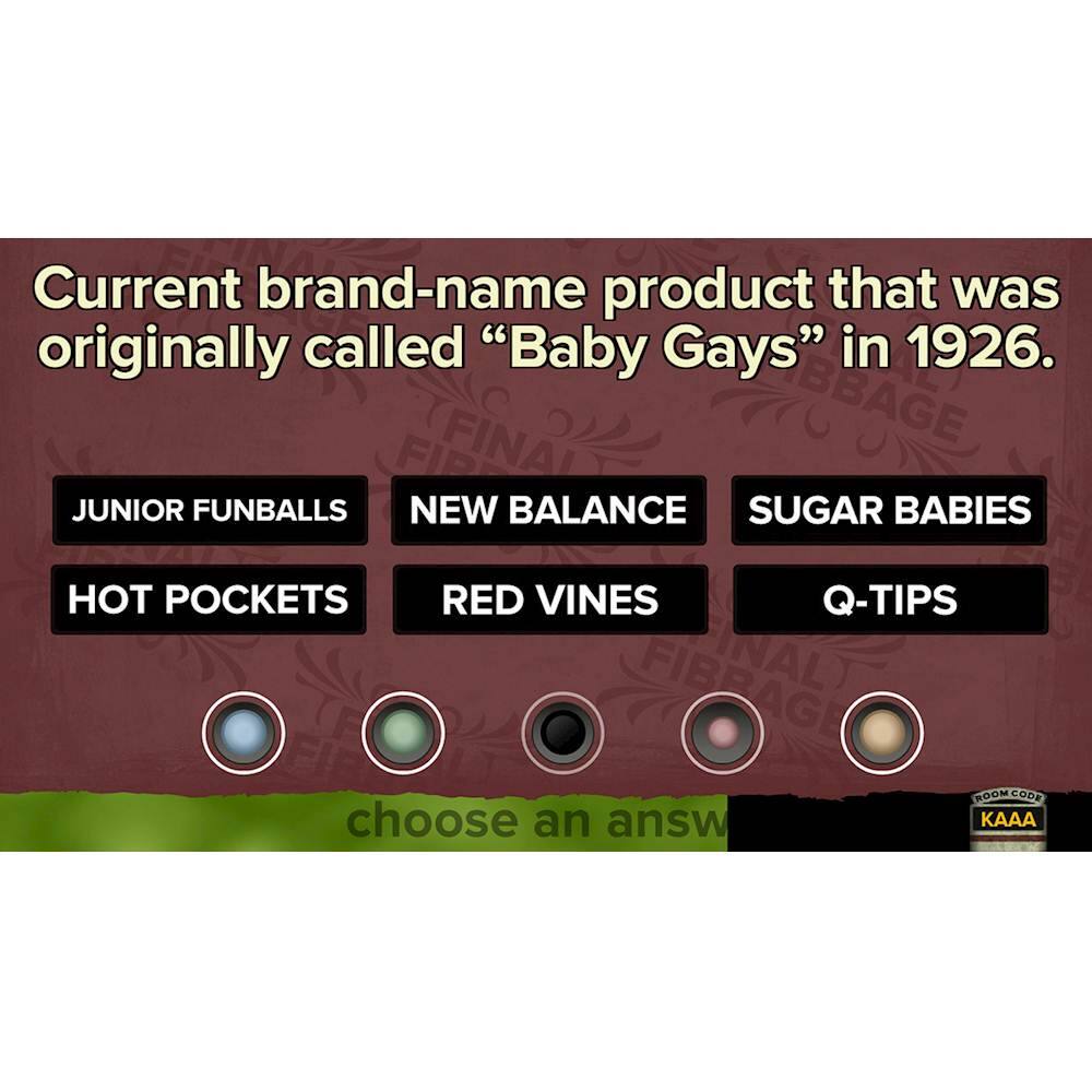 The image features a list of brand-name products that were originally called "Baby Gays" in 1926. The list includes Junior Funballs, New Balance, Sugar Babies, Hot Pockets, Red Vines, Q-Tips, and Fibragi. The text is cleaned up to make it more readable and prominent.