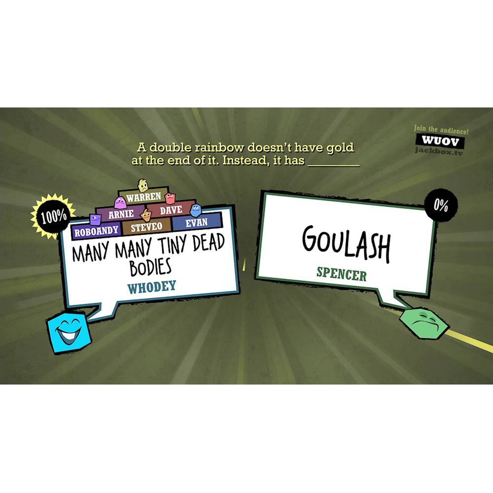 The image features a cartoonish sign that reads "A double rainbow doesn't have gold at the end of it. Instead, it has Many Many Tiny Dead Bodies." The sign is accompanied by a smiley face, suggesting a playful or humorous tone. The sign is placed next to another sign that reads "Join the audience! WUOV jackbox.tv Warren Arnie Dave 100% Evan Roboandy Steveo Many Many Tiny Dead Bodies WhoDey Goulash Spencer 0%." This second sign seems to be related to a game or an event, possibly involving the characters or themes from the first sign.