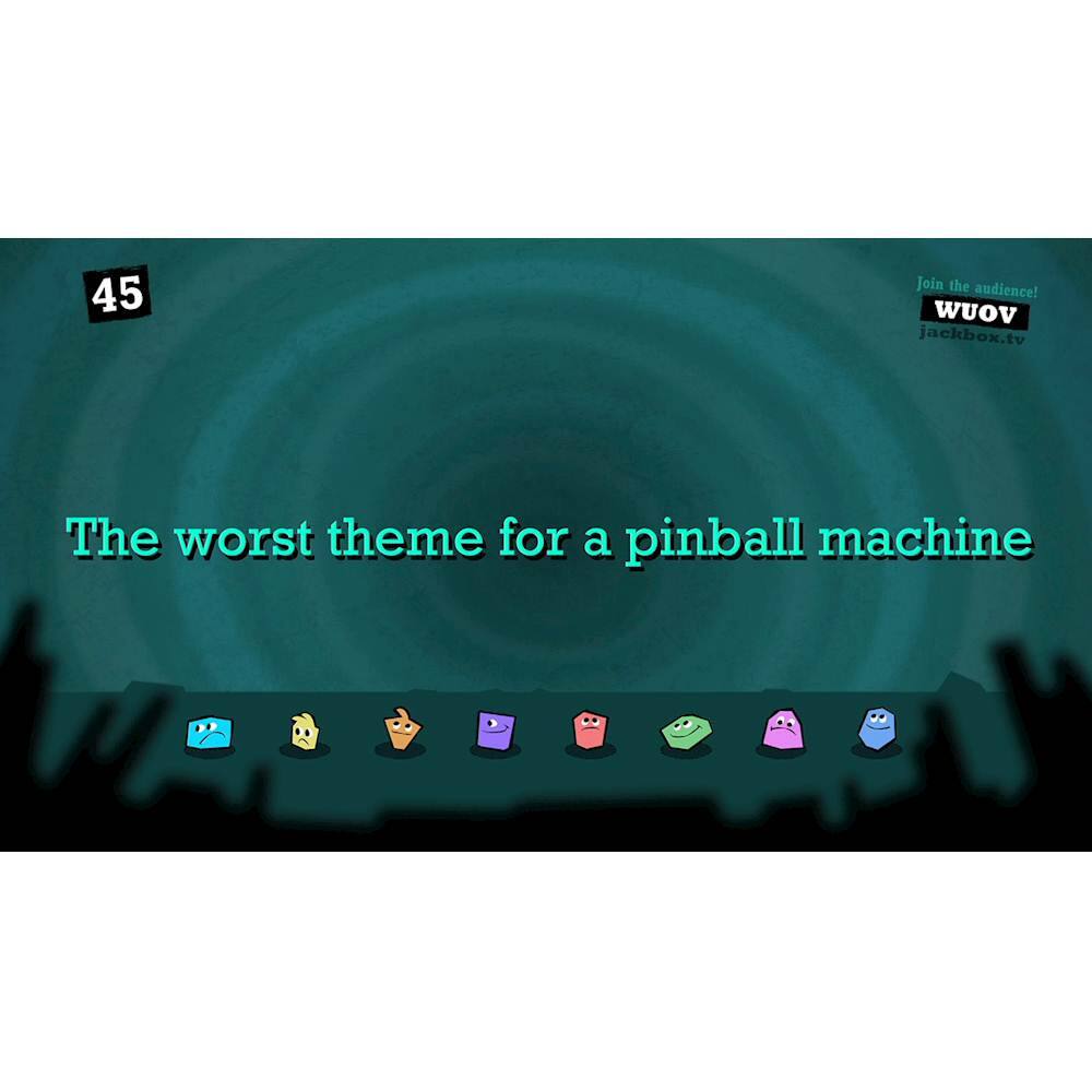 The image features a pinball machine with a colorful background and a variety of cartoon characters. The largest text reads "45 Join the audience! WUOV jackbox.tv," which is likely a reference to a game or event. The following text reads, "The worst theme for a pinball machine," which suggests that the pinball machine has an unusual or unconventional theme.