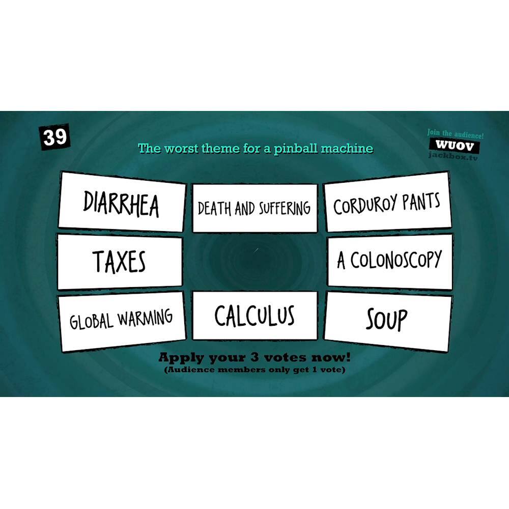 The largest text reads "39 The worst theme for a pinball machine". The following text has been cleaned up: "Join the audience! WUOV jackbox.tv DIARRHEA DEATH AND SUFFERING CORDUROY PANTS TAXES A COLONOSCOPY GLOBAL WARMING CALCULUS SOUP Apply your 3 votes now! (Audience members only get 1 vote)".