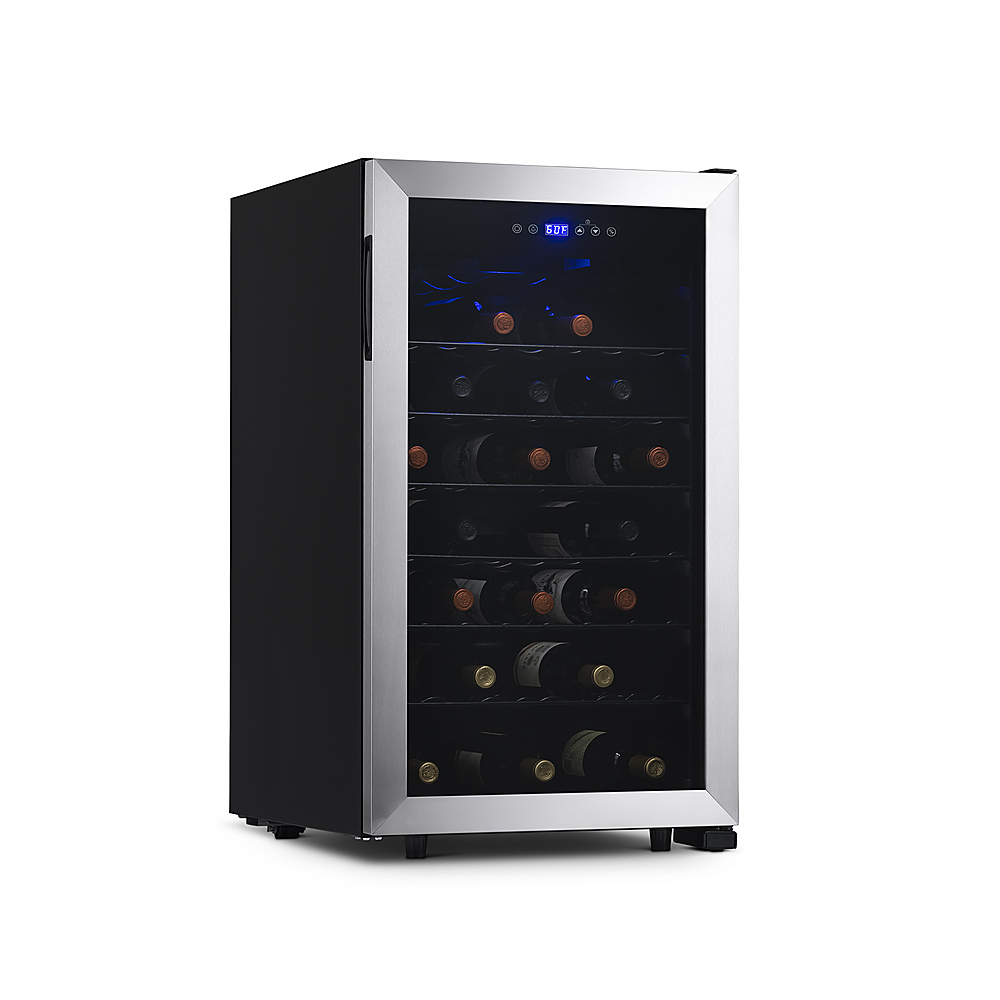 Left View: Amana 35-Bottle Single-Zone Wine Cooler with LED Thermostat Control and Wood Shelving