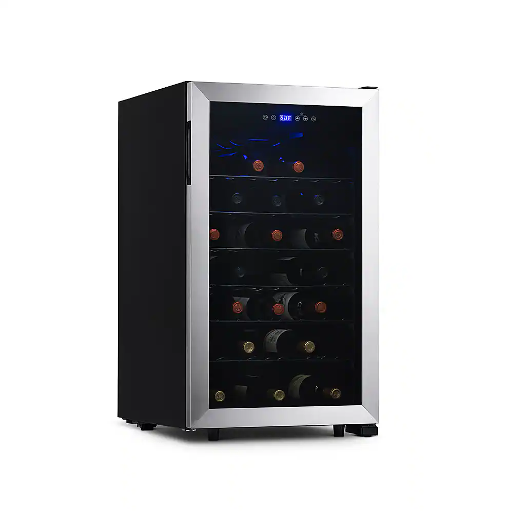 Left. NewAir - Freestanding 50 Bottle Compressor Wine Fridge, Adjustable Racks , Exterior Digital Thermostat - Stainless Steel.