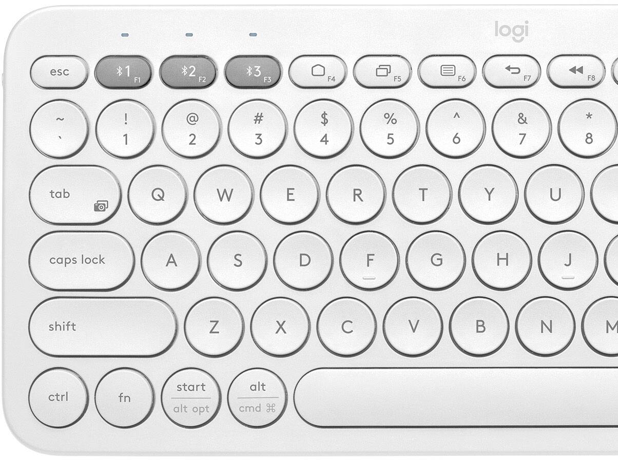 The image shows a white Logitech keyboard with a numeric keypad. The numeric keypad consists of numbers 1 through 9, as well as the following symbols: +, -, =, /, \*, and a few other symbols. The keyboard also has function keys F1 through F12, as well as a few other keys like shift, ctrl, fn, and cmd.