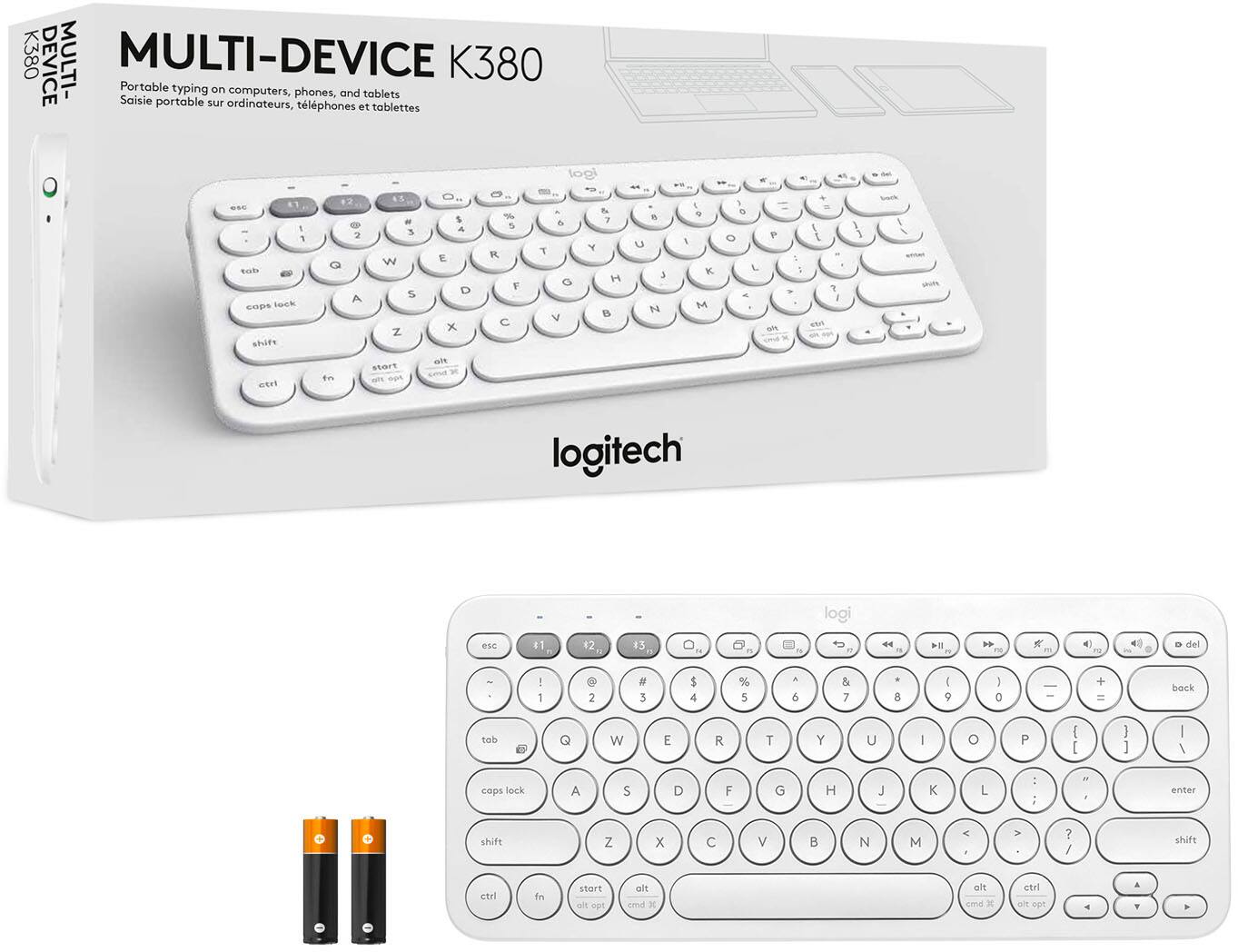 The image features a white Logitech keyboard, which is a multi-device keyboard designed for use on computers, phones, and tablets. The keyboard is shown in two different orientations, with the first one being a close-up view and the second one being a side view. The keyboard is accompanied by a box that contains the device and its accessories. The box is open, revealing the keyboard and its components. The keyboard is designed to provide a comfortable and efficient typing experience on various devices.