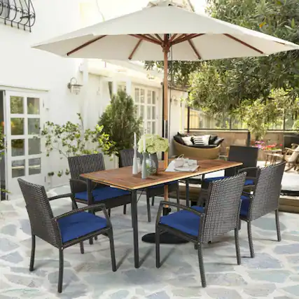 Front. Mondawe - 7 Pieces Patio Rattan Cushioned Dining Set with Umbrella Hole - Navy.