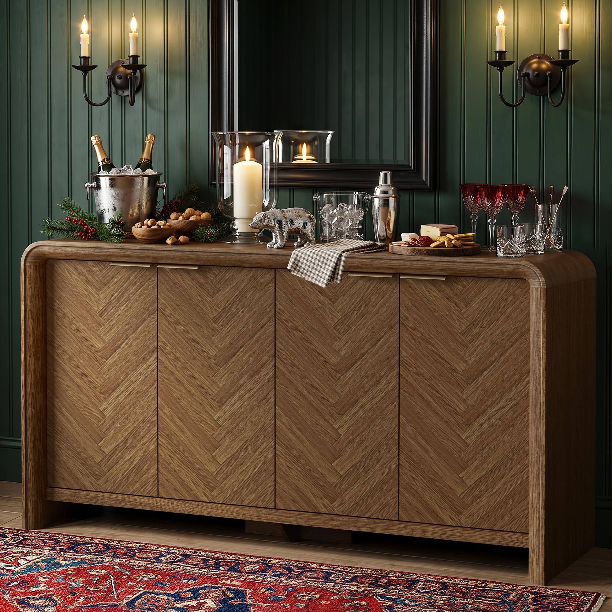 Alt View 6. paproos - 55" Buffet Cabinet with Storage, Modern Credenza with Adjustable Shelf, Herringbone Sideboard for Dining Room - Walnut.
