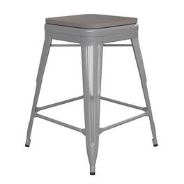 Emma + Oliver - Kam Backless Metal Indoor-Outdoor Stool with All-Weather Polystyrene Seat - Gray Seat/Silver Frame