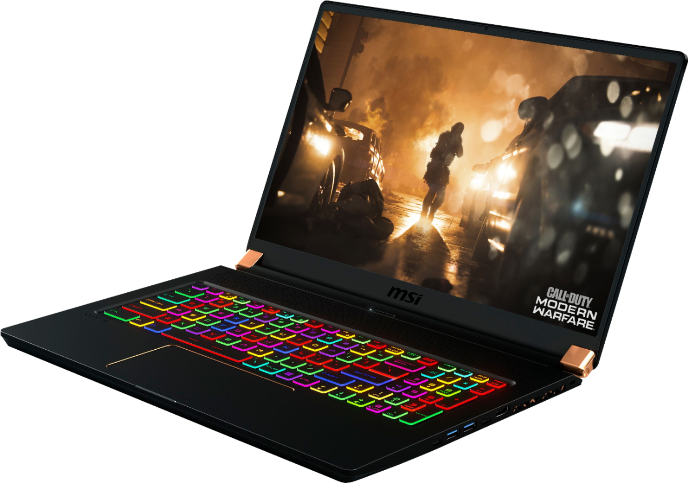 Left View: MSI - Geek Squad Certified Refurbished 17.3" Gaming Laptop - i7 - 16GB Memory - NVIDIA  RTX 2070 Max-Q - 1TB SSD - Matte Black With Gold Diamond Cut